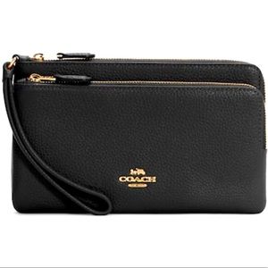 NEW COACH BLACK LEATHER DOUBLE ZIP MEDIUM SIZED WALLET WITH TAGS FROM PURCHASE